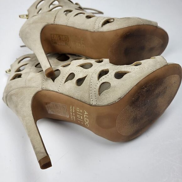 Aldo Tan Suede Laser-Cut Peep Toe Heels, Size 6.5 - Picture 10 of 16